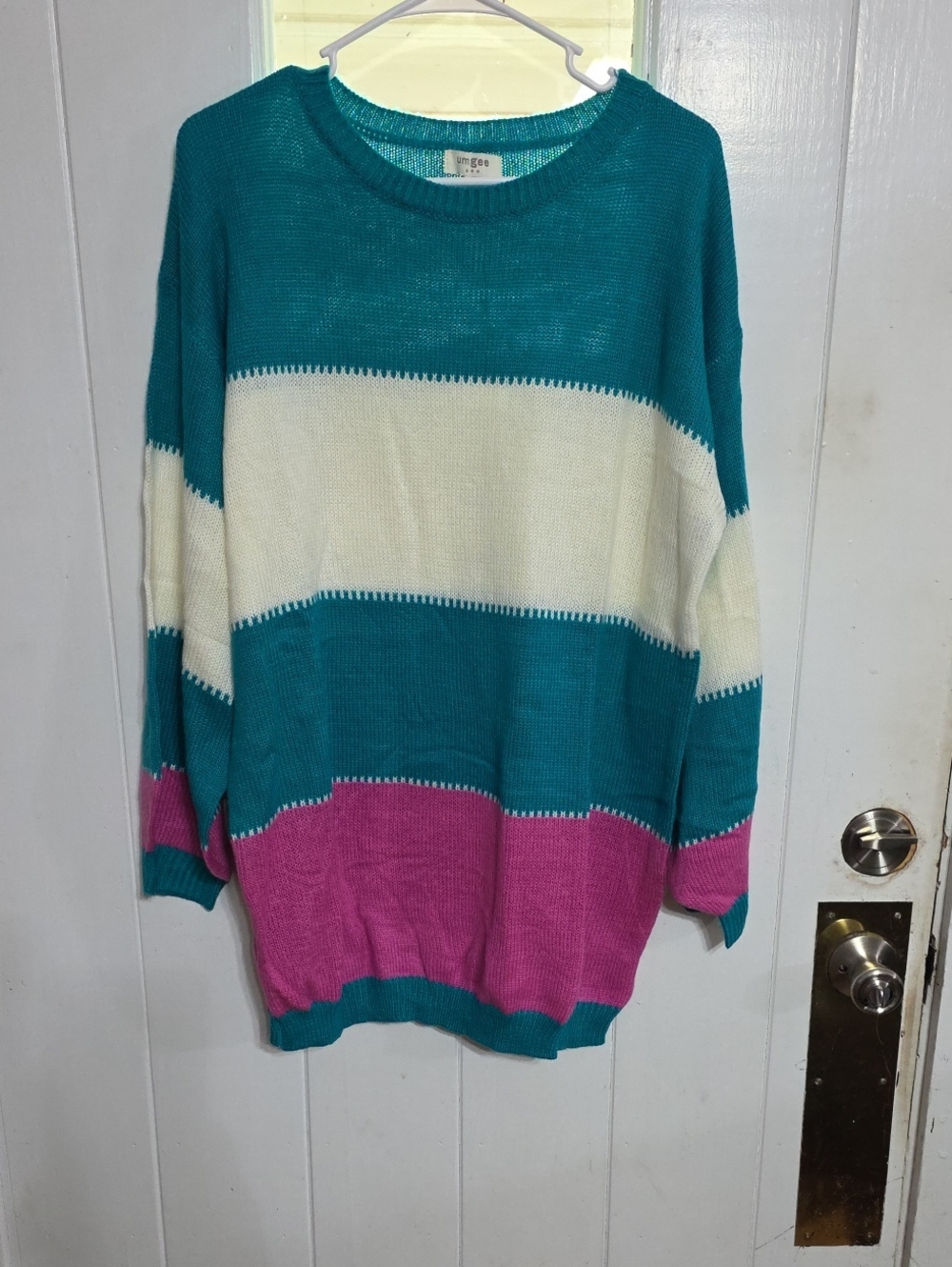 Umgee Women's Teal, White‎ & Pink Striped Crewneck Sweater Soft Cozy Sz L EUC